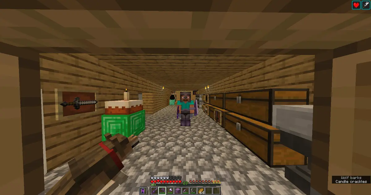 My Minecraft storage hall: a wooden corridor lined with chests, a cake on an emerald block, a framed sword, my wolf, and a friend in armour at the far end.