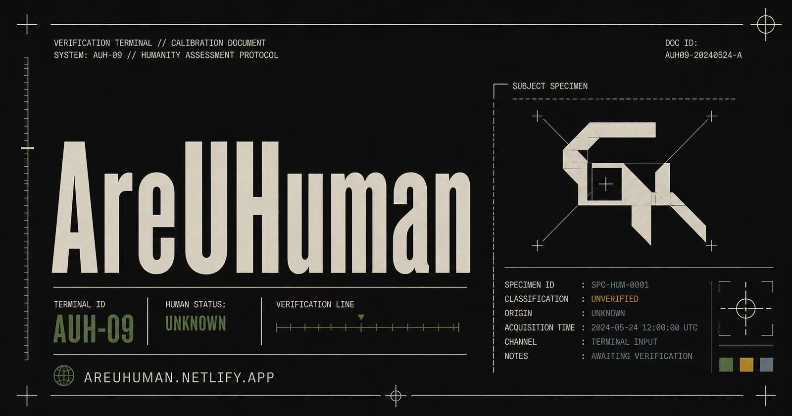 AreUHuman title card: the game name in large condensed type beside a calibration-document style layout.