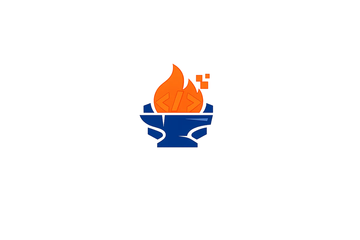 PyForge logo: an orange flame with a code symbol rising from a blue anvil, glowing on a dark field.