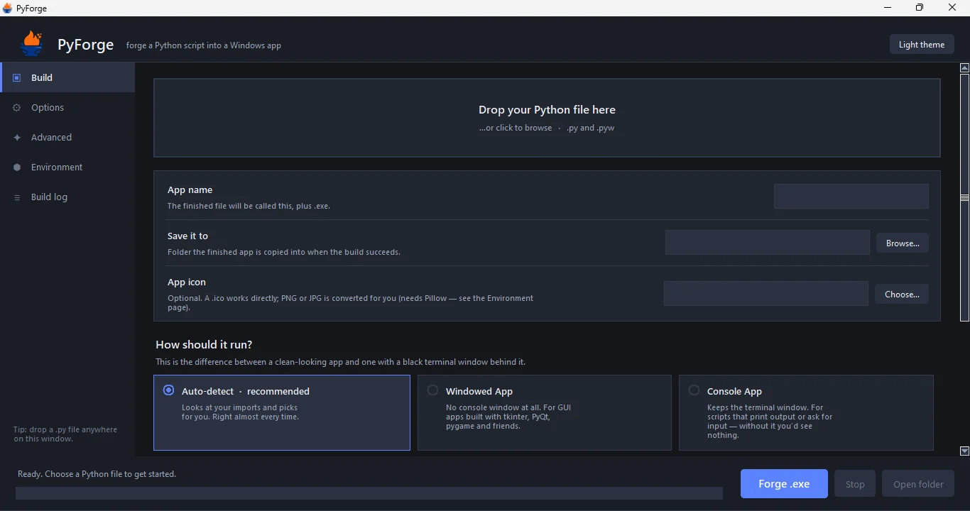 PyForge build screen: a drop zone for a Python file, app name and icon fields, and a choice between auto-detect, windowed, and console modes.